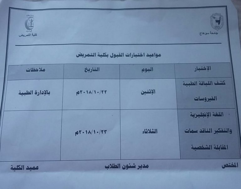 مواعيد اختبارات القبول بكلية التمريض