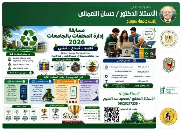 جامعة سوهاج تعلن عن فتح باب المشاركة في الهاكاثون الداخلي لإدارة المخلفات الجامعية