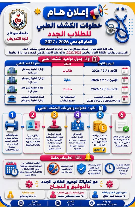 خطوات الكشف الطبي للطلاب الجدد بكلية التمريض