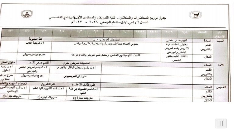 جدول محاضرات المستوى الأول بالبرنامج التخصصى لكلية التمريض