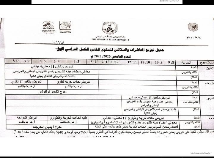جدول توزيع محاضرات المستوى الثانى بكلية التمريض