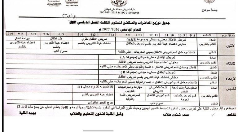 جدول محاضرات المستوى الثالث بكلية التمريض