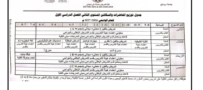 جدول محاضرات المستوى الثانى الفصل الدراسى الأول