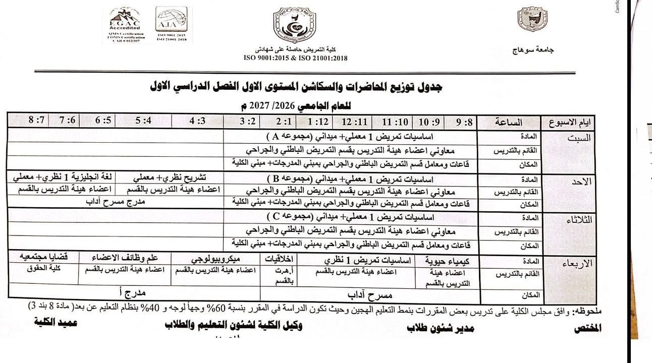 جدول محاضرات المستوى الأول للفصل الدراسى الأول