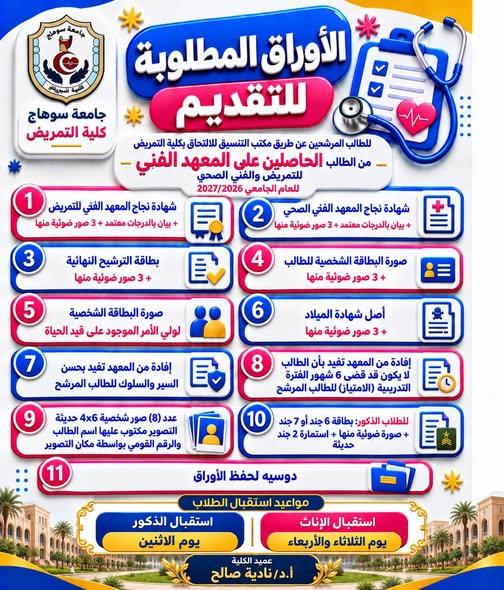 الأوراق المطلوبة للتقديم لكلية التمريض من المعهد الفنى