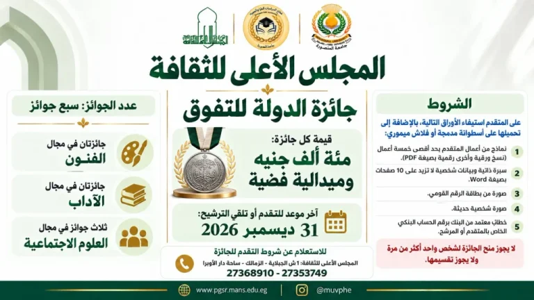 جوائز النيل للمبدعين المصريين وجائزة النيل للمبدعين العرب وجوائز الدولة التقديرية فى مجالات الفنون والاداب والعلوم الاجتماعية